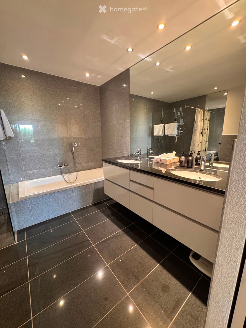Modern bathroom with a large mirror, double sink vanity, bathtub, and built-in storage cabinets.