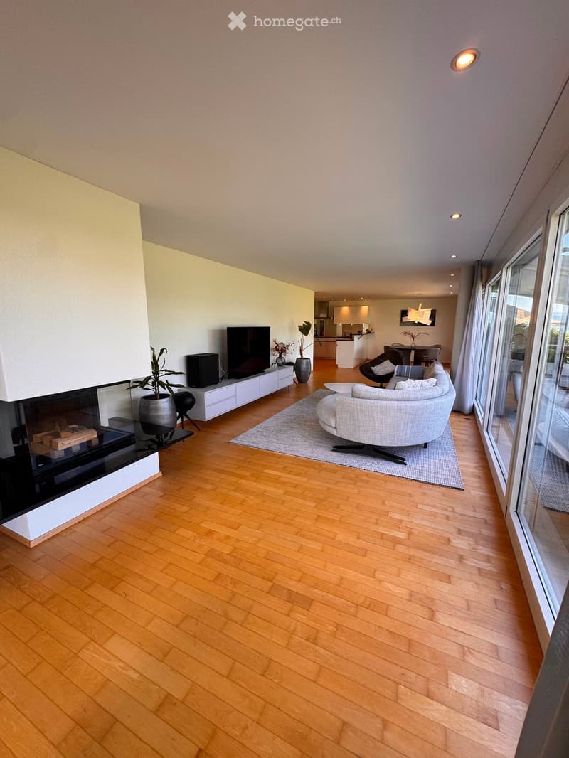 Modern living room with wooden flooring, fireplace, sofa, television, and large windows.