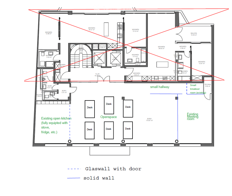 Floor plan of a multi-room space including several bedrooms, a kitchen, an open space with desks, a meeting room, and a balcony.