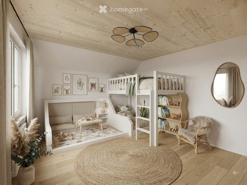 Cozy children's bedroom with bunk bed, sofa, coffee table, bookshelf, and decorative items.