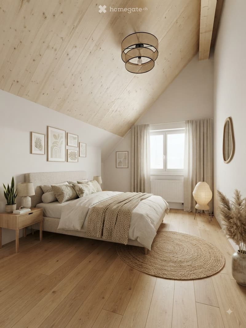 Cozy attic bedroom with wooden slanted ceilings, large window, bed with pillows and blankets, nightstand with lamp, and decorative items.
