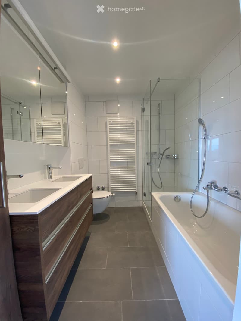Modern bathroom with a double sink vanity, toilet, bathtub, glass-enclosed shower, and a large mirror. The space features tiled walls and a dark tiled floor.