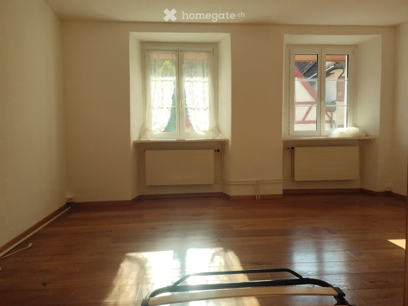 Empty room with wooden flooring, two windows with white frames and curtains, radiators below the windows, and natural light streaming in.