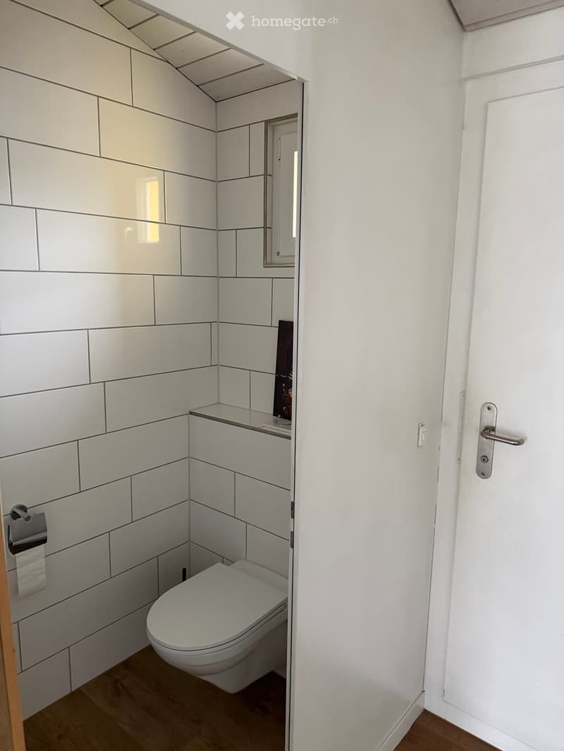 Modern, compact bathroom with white tiled walls, a toilet, a toilet paper holder, and a small mirror above a sink.
