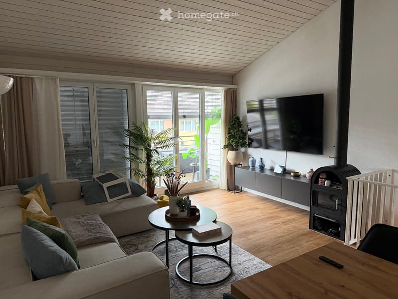 Modern living room with a grey sofa, coffee table, round side table, TV, fireplace, and decorative plants.