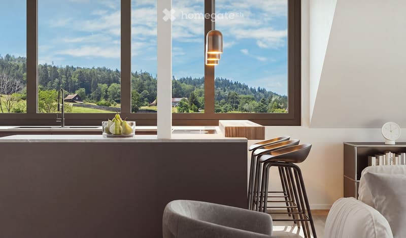 Modern kitchen with a large window overlooking a scenic landscape, featuring a dark countertop, stools, a sink, and a bowl of fruit on the counter.