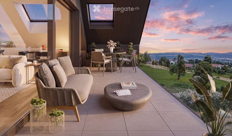 Modern rooftop terrace with panoramic city view, featuring a wicker sofa, coffee table, dining table with chairs, decorative vase, books, and potted plants.