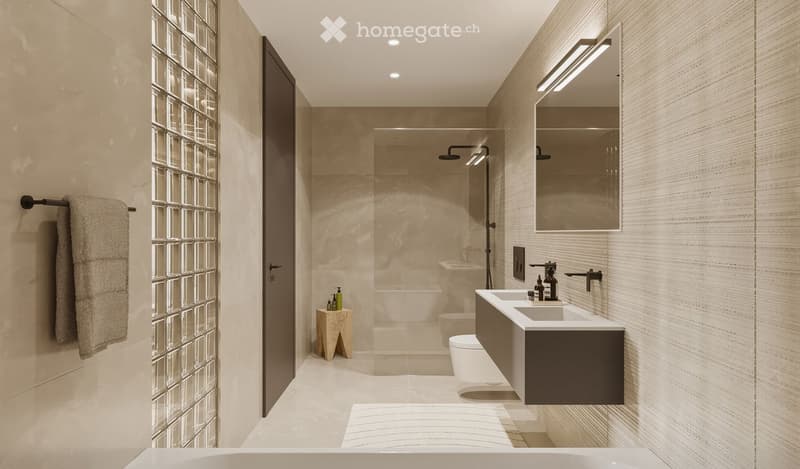 Modern bathroom with beige tiles, a double sink, a toilet, a shower, and a small wooden stool holding toiletries.