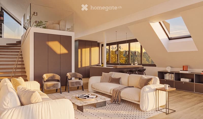 Modern living room with a white sofa, coffee table, chairs, and a bookshelf. Large windows offer a scenic view, and the space is well-lit with pendant lights.
