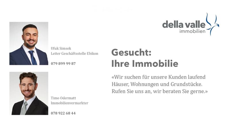 Business card for real estate agents Ufuk Simsek and Timo Odermatt from Della Valle Immobilien, with contact information and a logo.