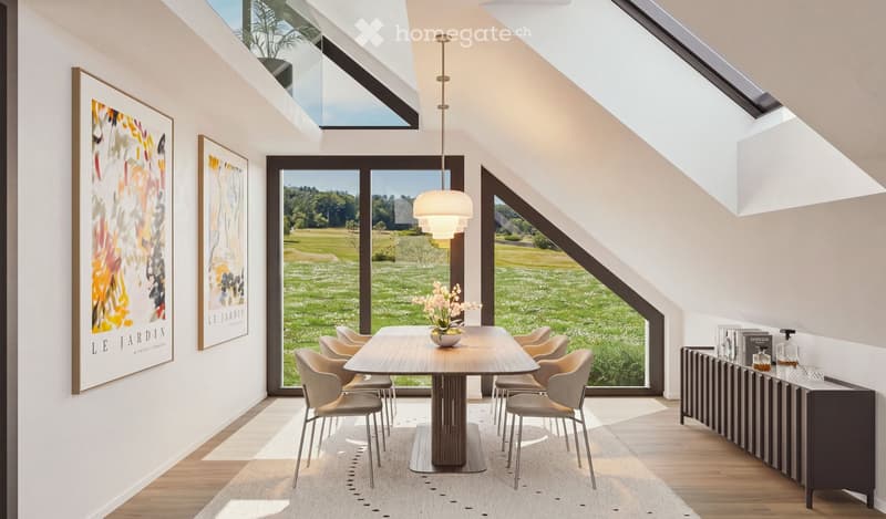 Bright dining area with large windows overlooking a green field, featuring a modern dining table, six chairs, a flower vase, a cabinet with bottles, and framed artwork on the walls.