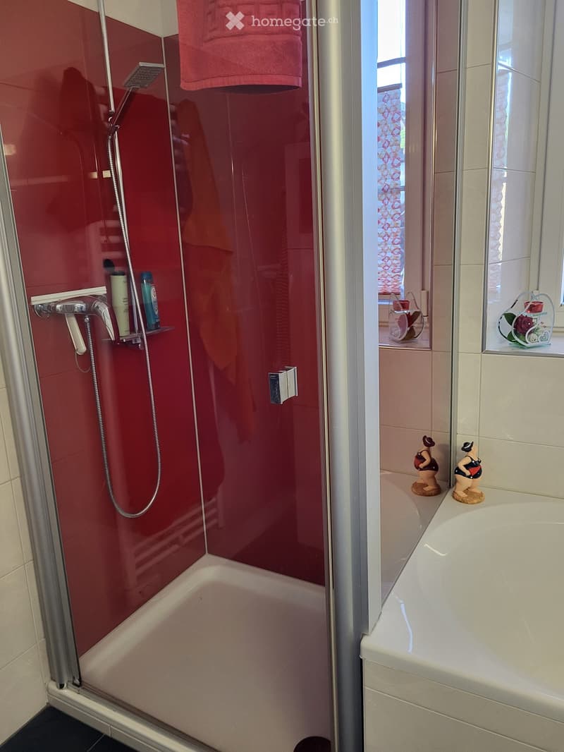 Modern bathroom with red-tiled shower stall, white bathtub, and decorative figurines on the edge of the tub. A red towel hangs on the wall, and toiletries are placed on a shelf inside the shower.