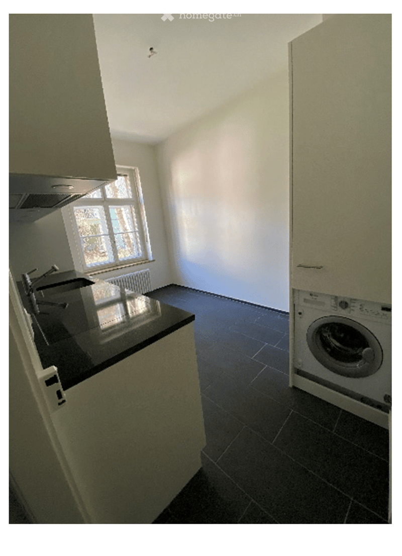 Modern kitchen with black countertop, white cabinets, and a built-in washing machine. Features a window with a view of greenery outside.
