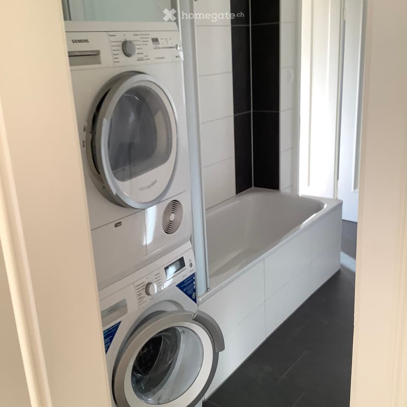 Modern bathroom with a bathtub, washing machine, and dishwasher, featuring white tiles and a black floor.