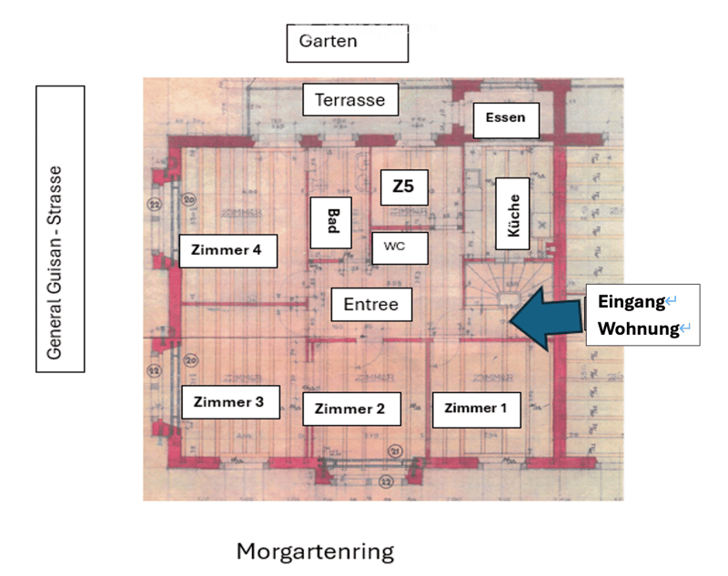 Floor plan showing a house layout with rooms labeled in German: Zimmer 1, Zimmer 2, Zimmer 3, Zimmer 4, Bad, WC, Z5, Küche, Essen, Terrasse, Garten, and Entrée.