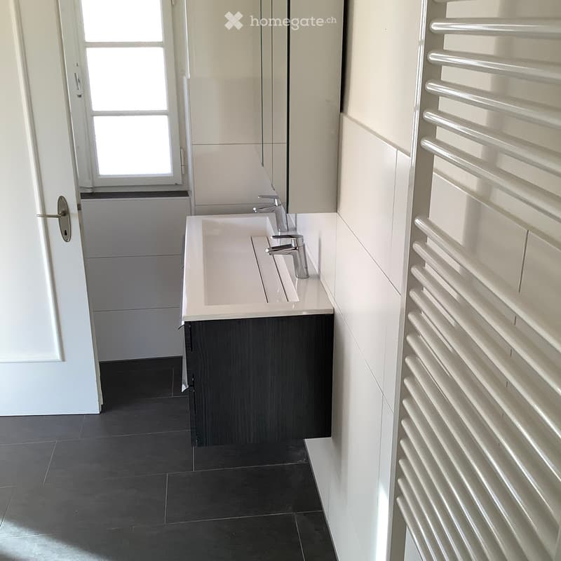 Modern bathroom with a white sink, chrome faucet, dark wooden cabinet, and a white radiator on the wall.