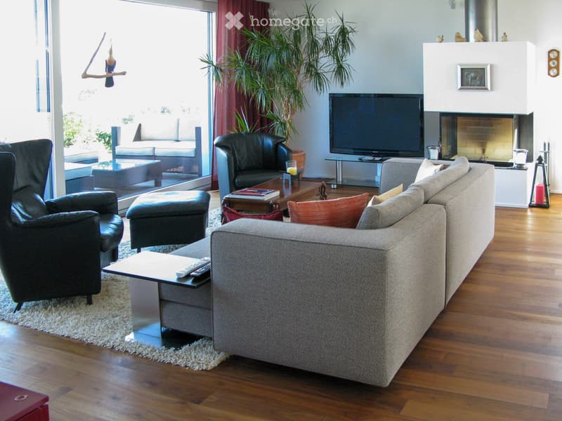 Modern living room with hardwood floors, large windows, grey sofa, coffee tables, armchairs, TV, and fireplace.