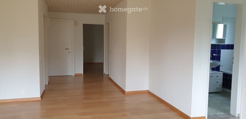 Empty hallway with light wooden flooring, white walls, and a partially visible bathroom with blue tiles and a sink.