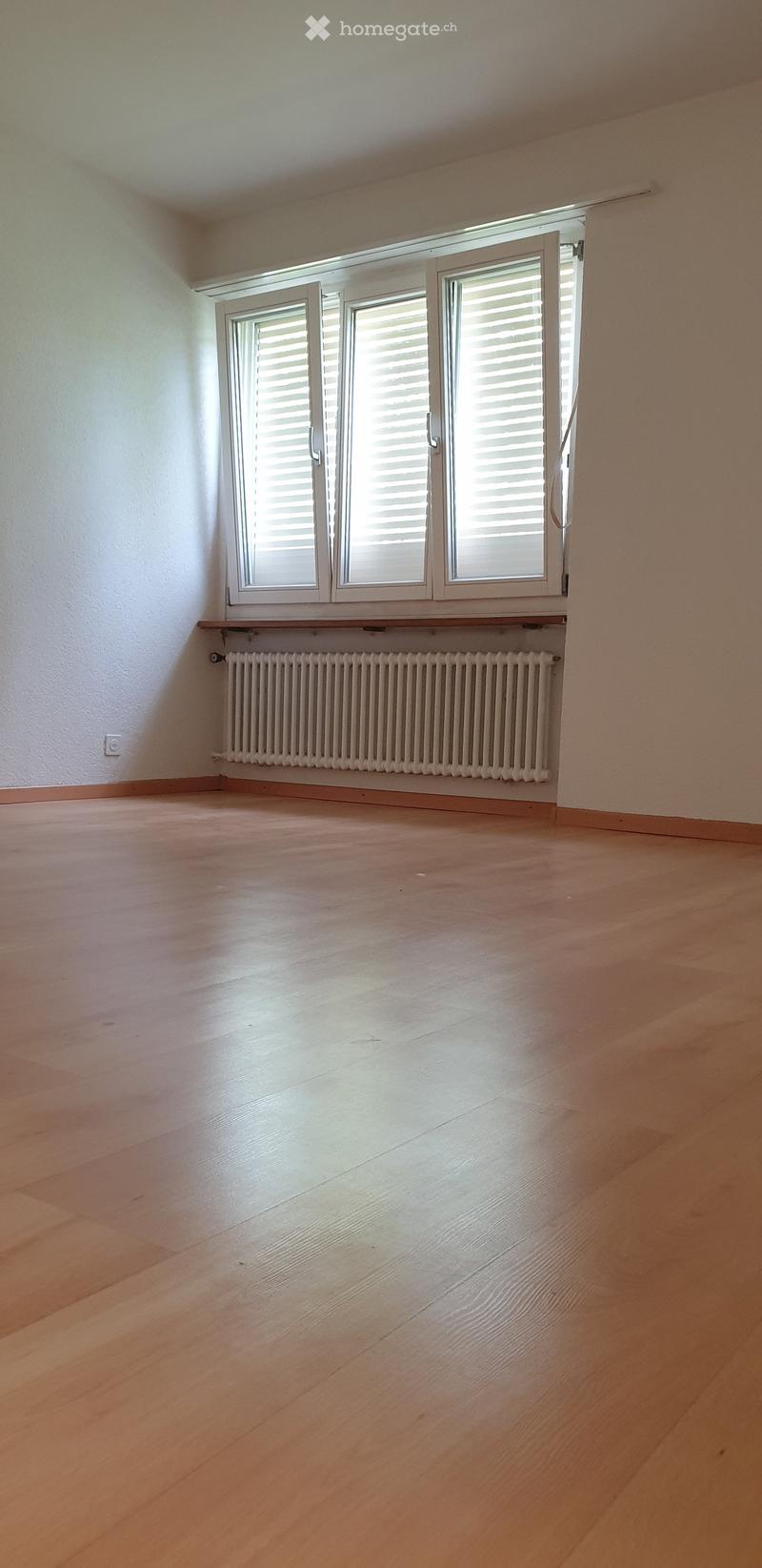 Empty room with light wooden flooring, white walls, and a window with blinds. A radiator is positioned below the window.