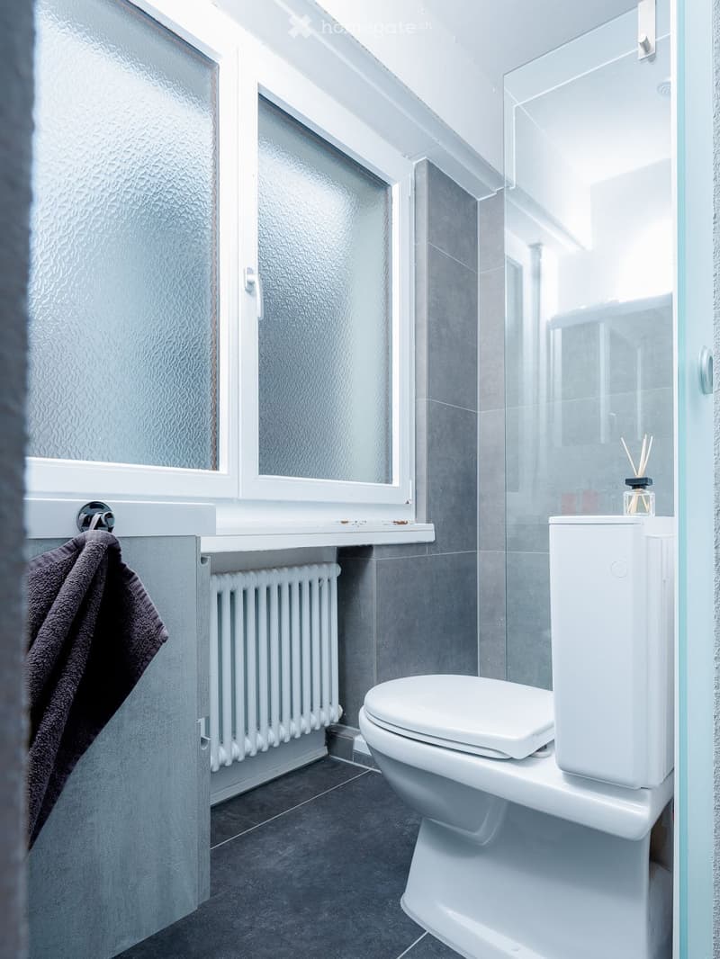 Bathroom with white walls, tiled floors, glass shower, white toilet, white radiator, and gray tiles