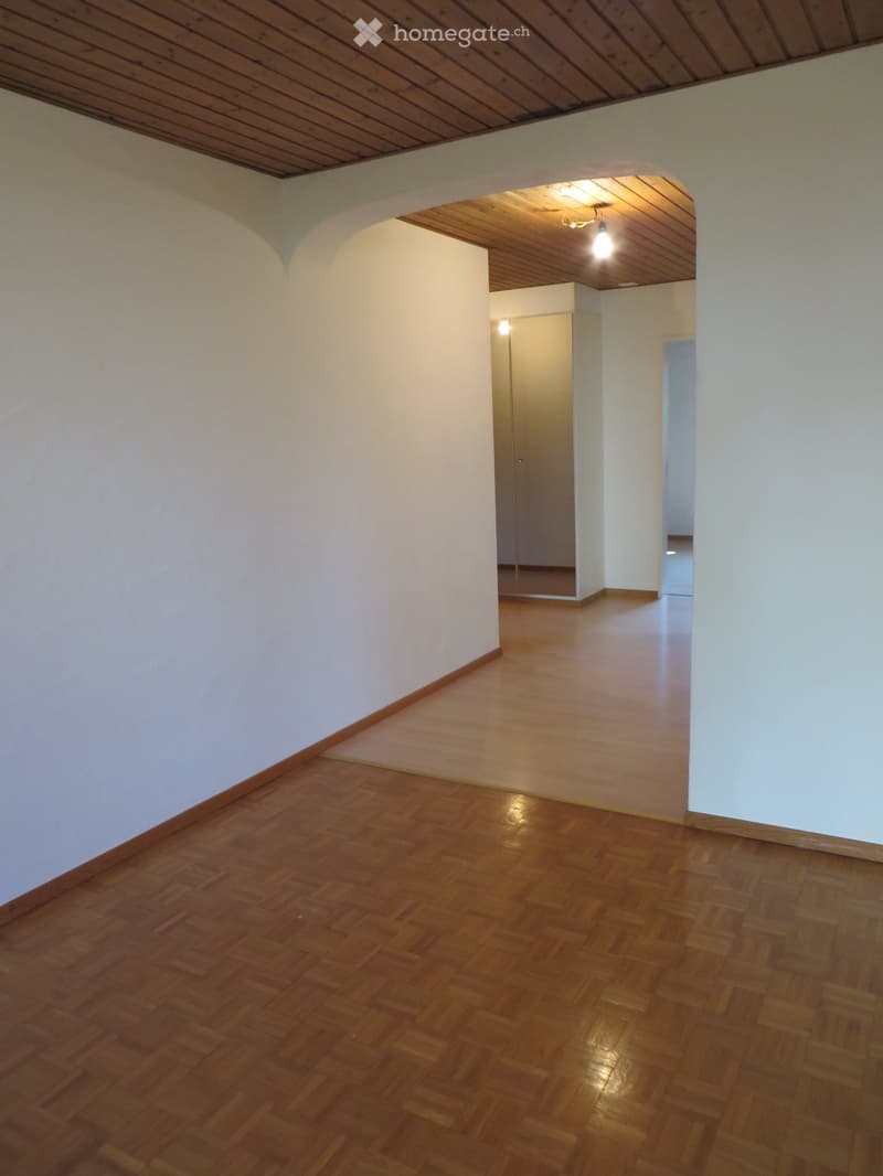 Empty room with white walls and wooden flooring, arched opening, ceiling lights