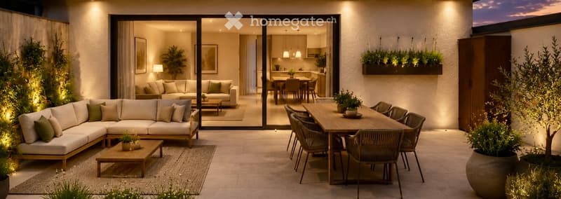 Modern outdoor patio with a large sectional sofa, coffee table, dining table with chairs, and potted plants. The space is connected to an indoor living area through large glass doors.