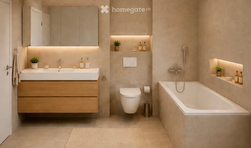 Modern bathroom with a white sink, toilet, bathtub, and built-in wooden cabinetry. Features include a large mirror, sleek lighting, and decorative plants on shelves.