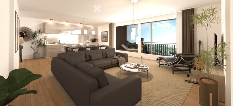 Modern living room with a grey sectional sofa, coffee table, dining area, kitchen, large windows with a view, and balcony access. Includes a potted plant, guitar, and a cat.