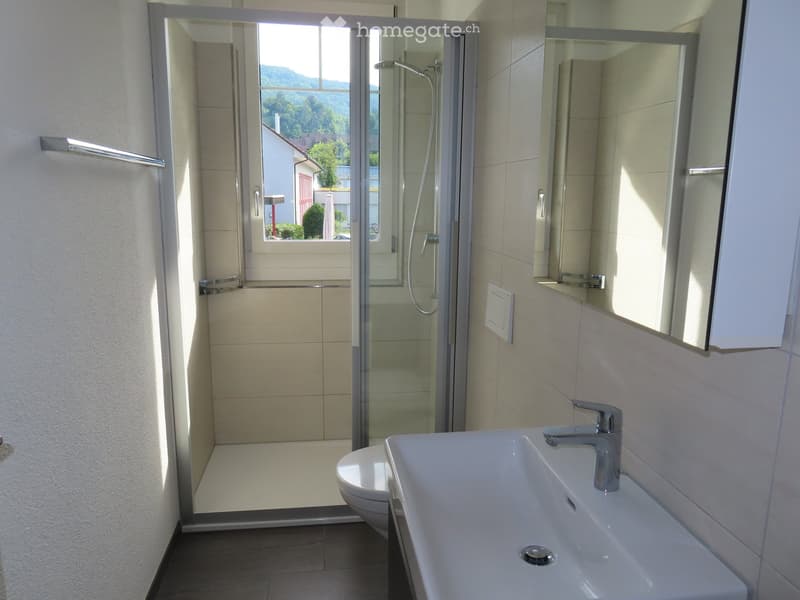 Modern bathroom with a white sink, chrome faucet, mirror cabinet, toilet, and a glass-enclosed shower with a modern showerhead.