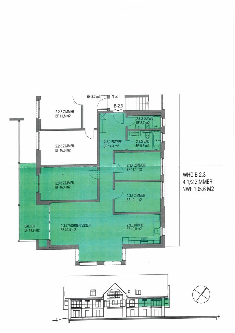 Floor plan of a 4.5-room apartment with a balcony, featuring multiple rooms including living/dining, bedrooms, kitchen, and bathroom.