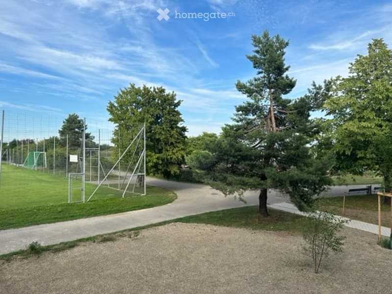 Outdoor park area with grassy fields, trees, and a paved pathway. Includes a fenced sports area with goalposts and a small sandy play area.
