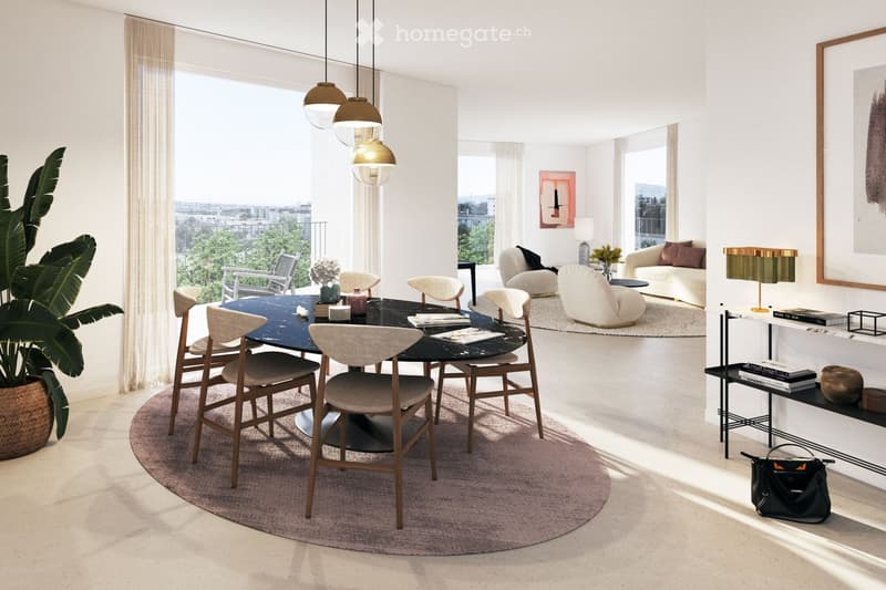 Modern, open-concept living and dining area with large windows, a round dining table with six chairs, a sofa with an ottoman, a table lamp, a bookshelf, and a potted plant.