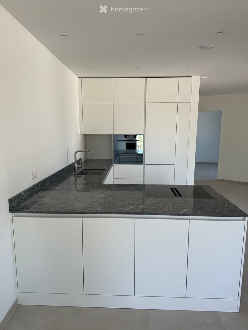 Modern kitchen with white cabinets, dark granite countertop, built-in oven, and sink with faucet.