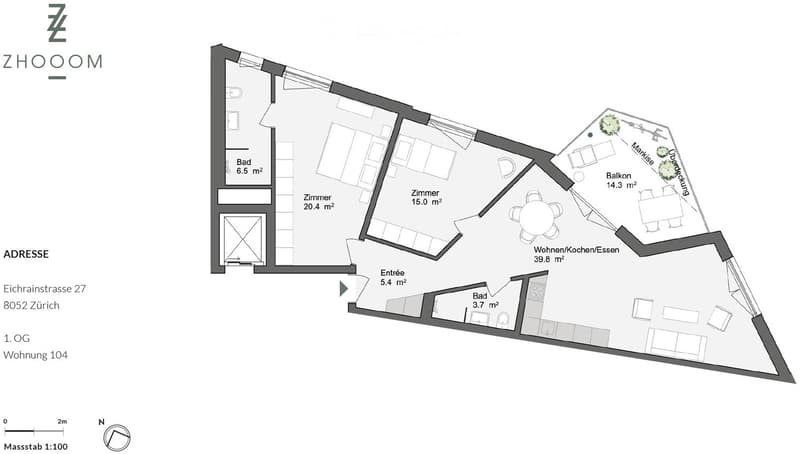 Floor plan of a 1st-floor apartment with two bedrooms, two bathrooms, a combined living/dining/kitchen area, and a balcony.