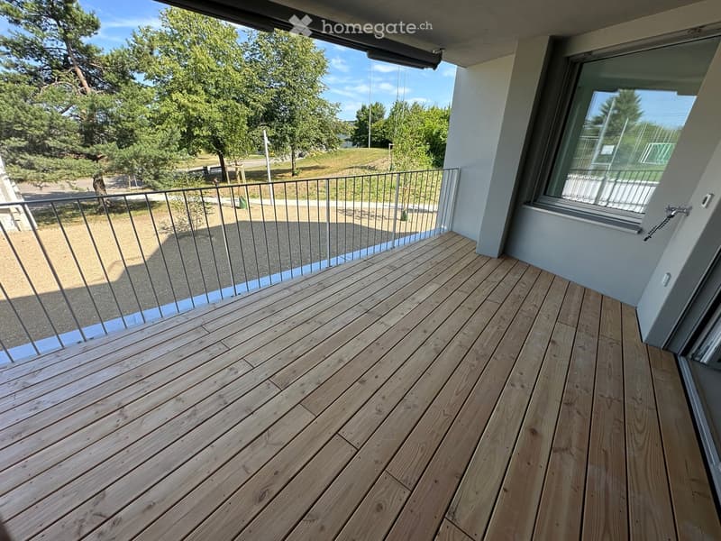 Wooden deck with metal railing, large window, view of greenery and open sky.