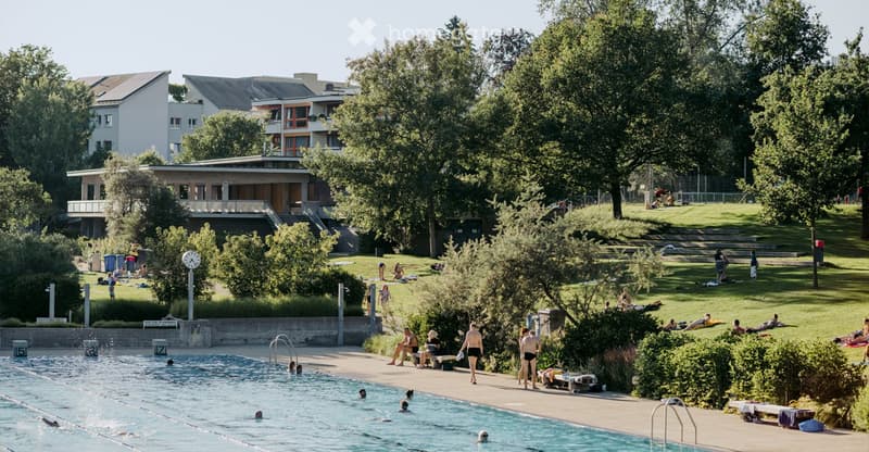 Outdoor swimming pool area with people swimming and lounging on the grass, surrounded by trees and modern buildings.