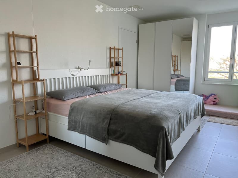 Modern bedroom with a double bed, grey pillows, grey blanket, white wardrobe, wooden shelves, and a pink toy on the floor.