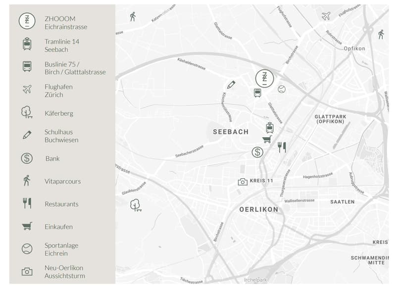 Map showing the location of Eichrainstrasse in Zurich, with nearby landmarks, transportation options, and amenities such as banks, restaurants, shopping, and sports facilities.
