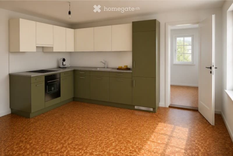 Modern kitchen with light-colored upper cabinets, green lower cabinets, and a dark countertop. Features include a sink, faucet, oven, and a coffee maker on the counter. The floor is made of cork tiles, and there is a window in the adjacent room.