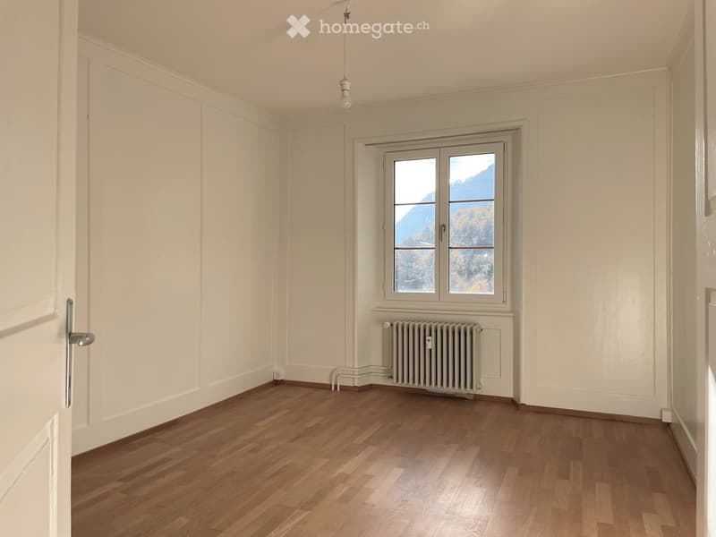 Empty room with wooden flooring, white walls, a window with a scenic view, a radiator, and a light fixture.