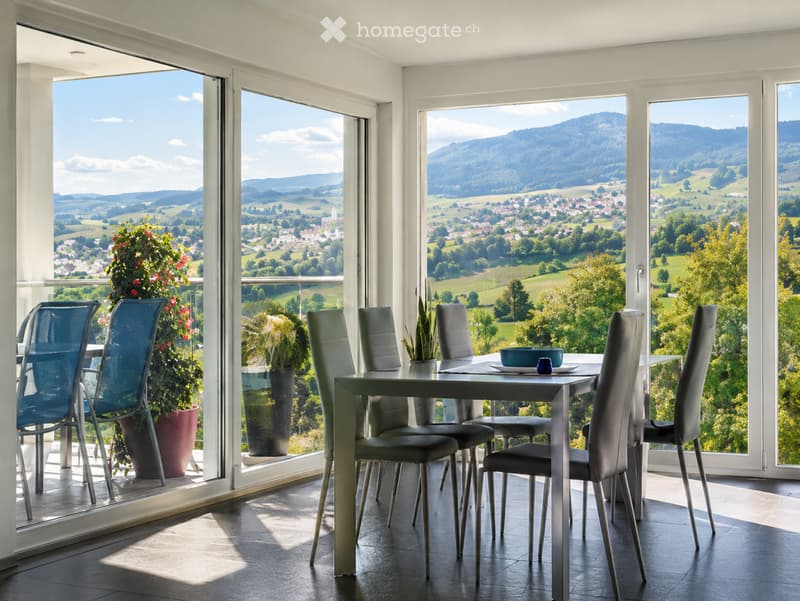 Bright dining area with large windows offering scenic views, featuring a modern dining table and chairs, along with potted plants.