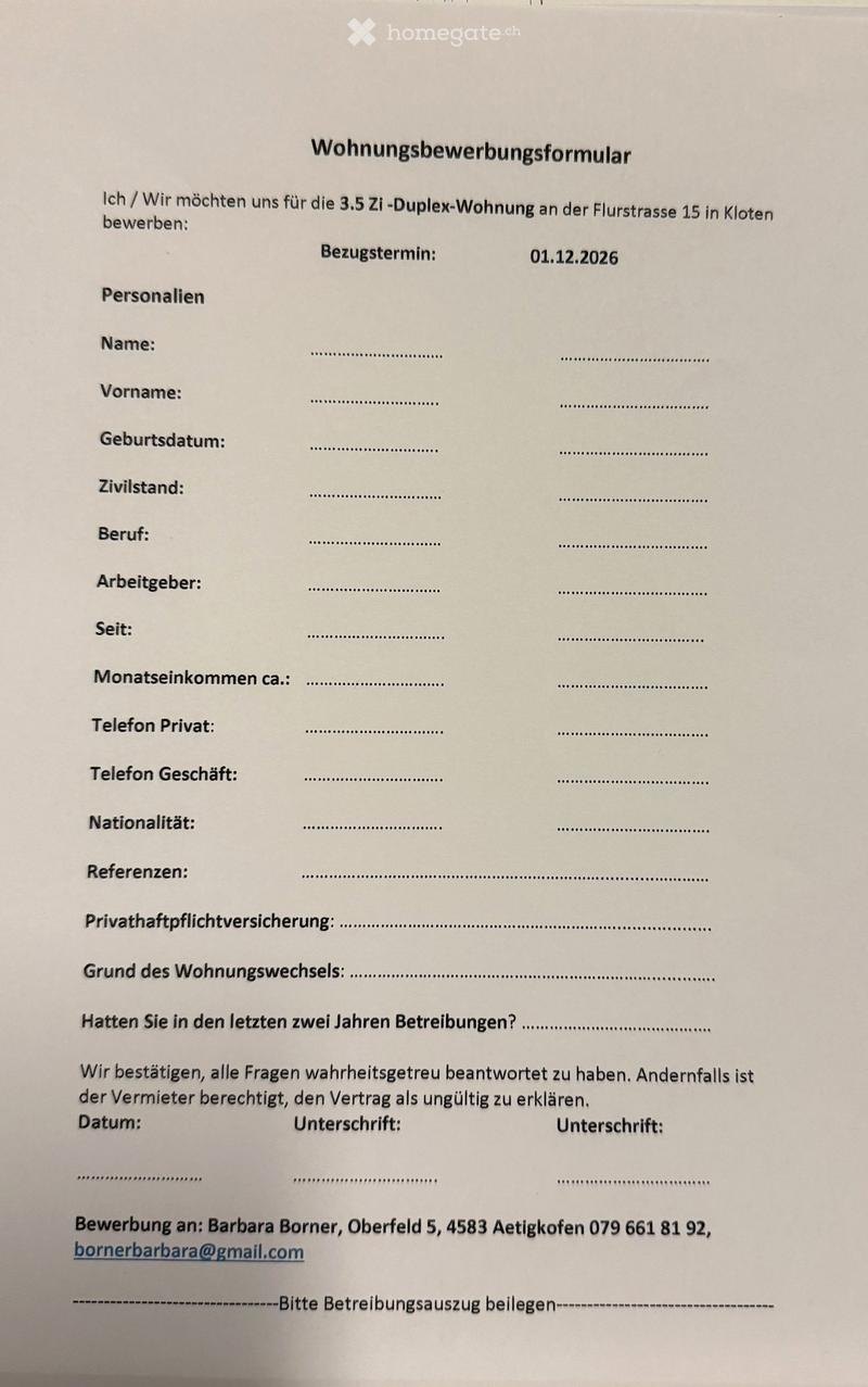 Rental application form for a 3.5-room duplex apartment at Flurstrasse 15 in Kloten, with fields for personal details, employment, income, and references.