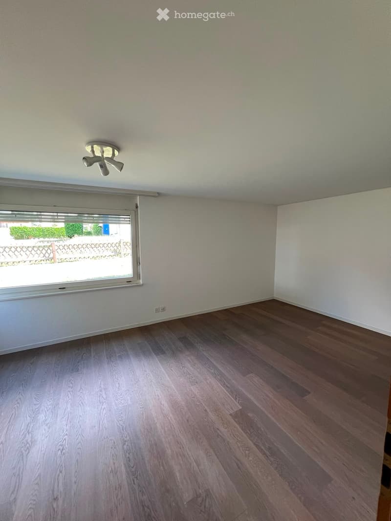 Empty room with wooden flooring, white walls, and a large window with blinds. A ceiling light fixture is visible.