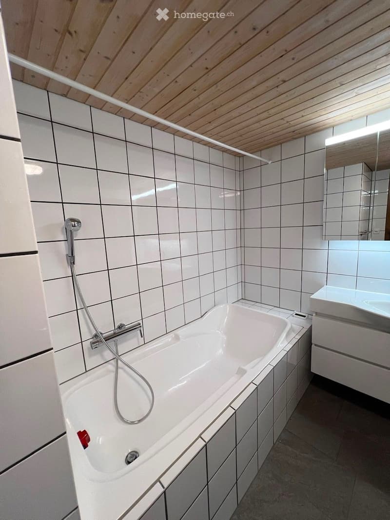 Modern bathroom with white tiled walls, a bathtub, a sink with a mirror, and a handheld showerhead.