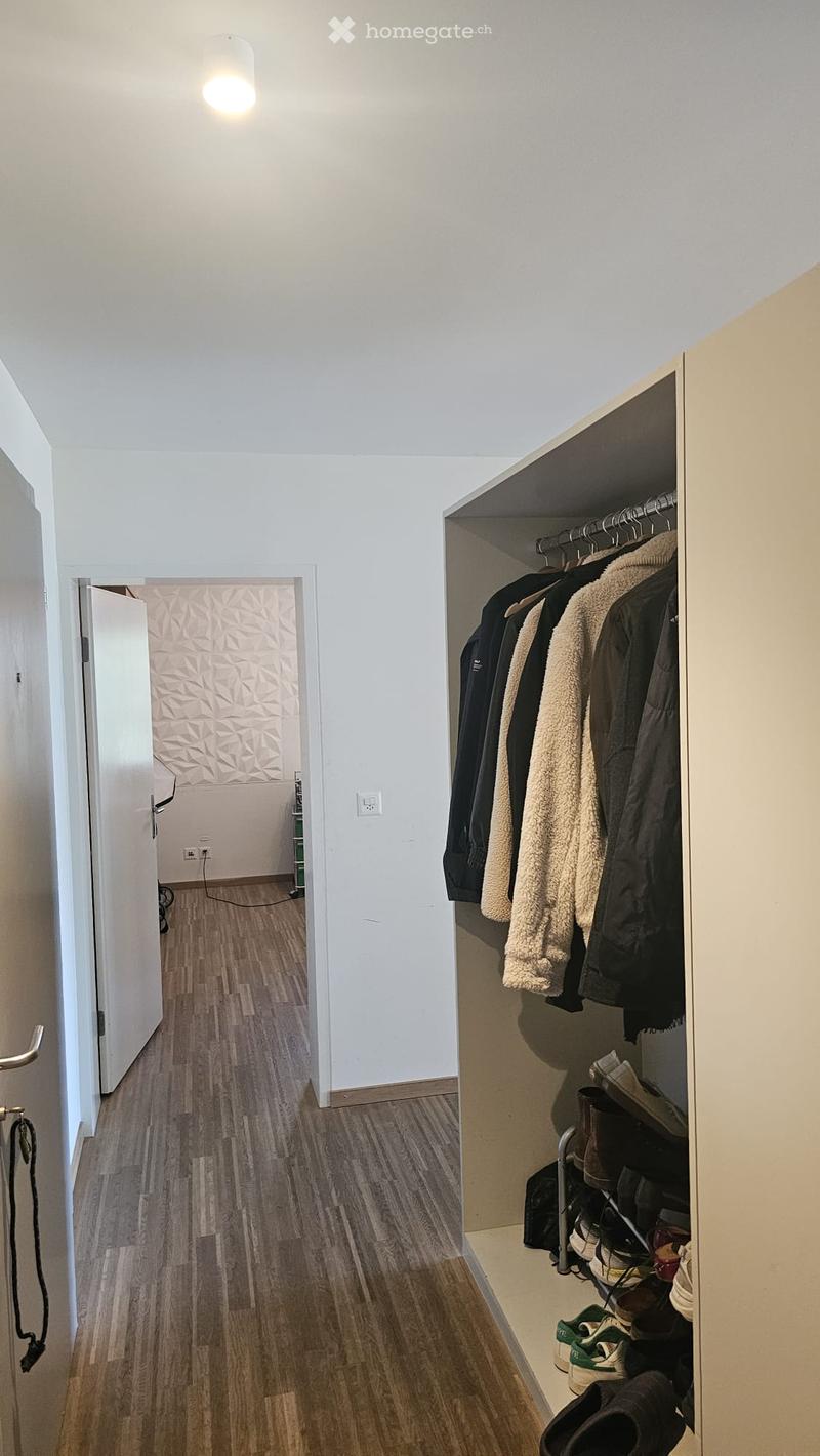 A well-lit hallway with wooden flooring, white walls, and a closet with hanging coats and shoes. The hallway features a modern light fixture and an open door leading to another room.