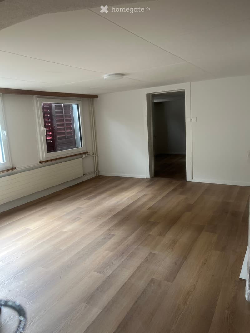 Empty room with light wooden flooring, white walls, and a window with blinds. There is a radiator below the window and a doorway leading to another space.