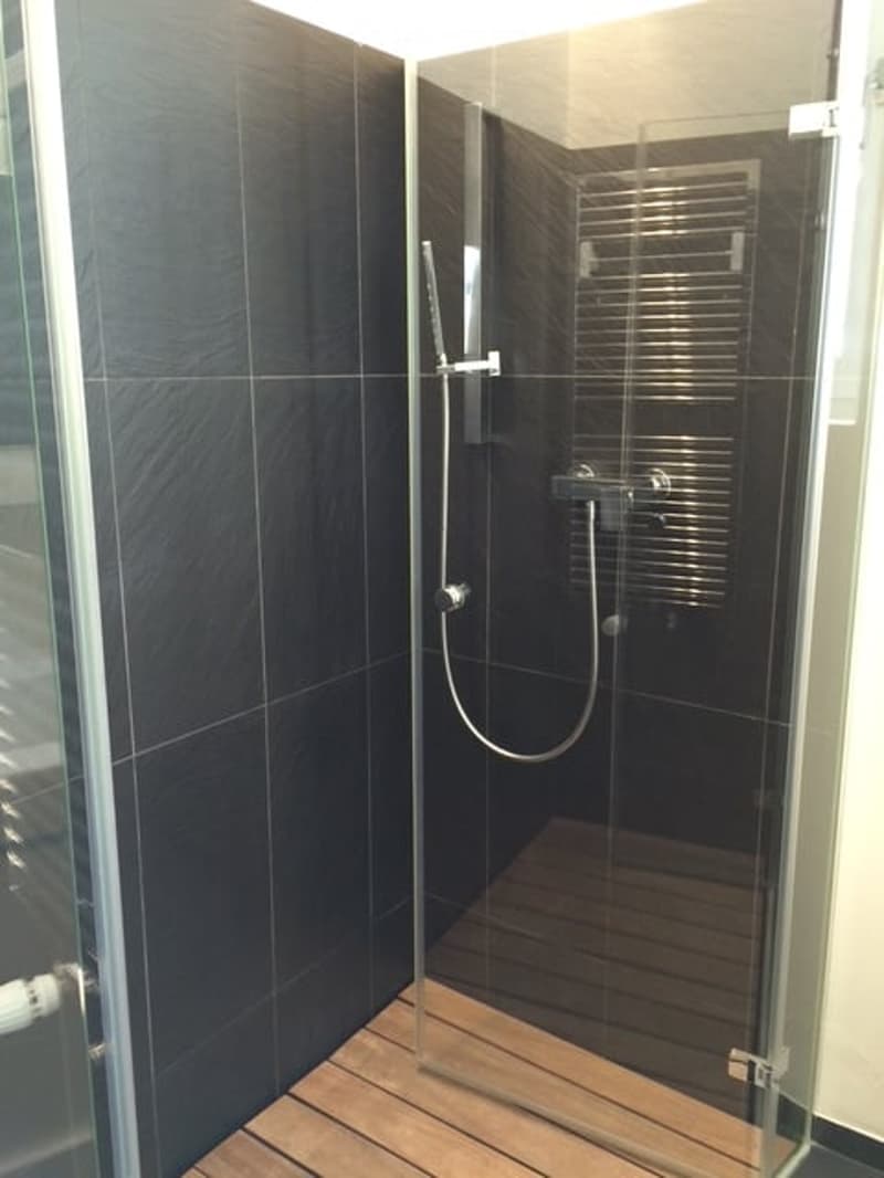Modern bathroom with a glass-enclosed shower stall featuring a sleek black tile design and wooden flooring.