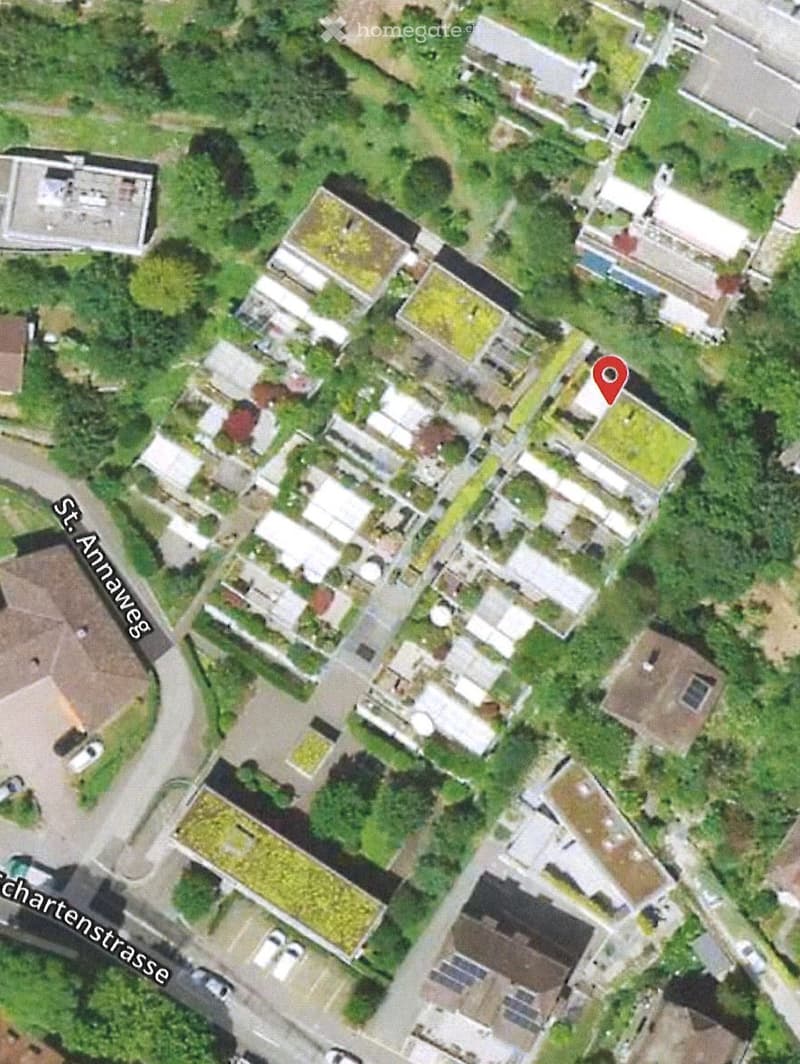 Aerial view of a residential area with multiple houses, green spaces, and a marked location pin.