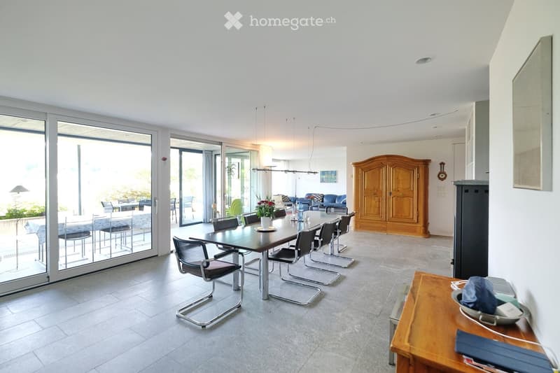 Bright, open dining and living area with large glass sliding doors leading to a patio. Features a long wooden dining table with modern chairs, a blue sofa, a wooden cabinet, and a flower vase on the table.