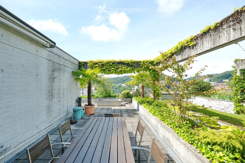 A rooftop garden with a wooden table, chairs, potted plants, and a small fountain, surrounded by greenery and a cityscape view.